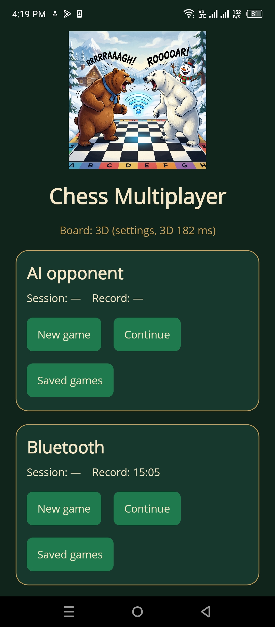 Home screen with AI opponent and Bluetooth, each with new game, continue, and saved games
