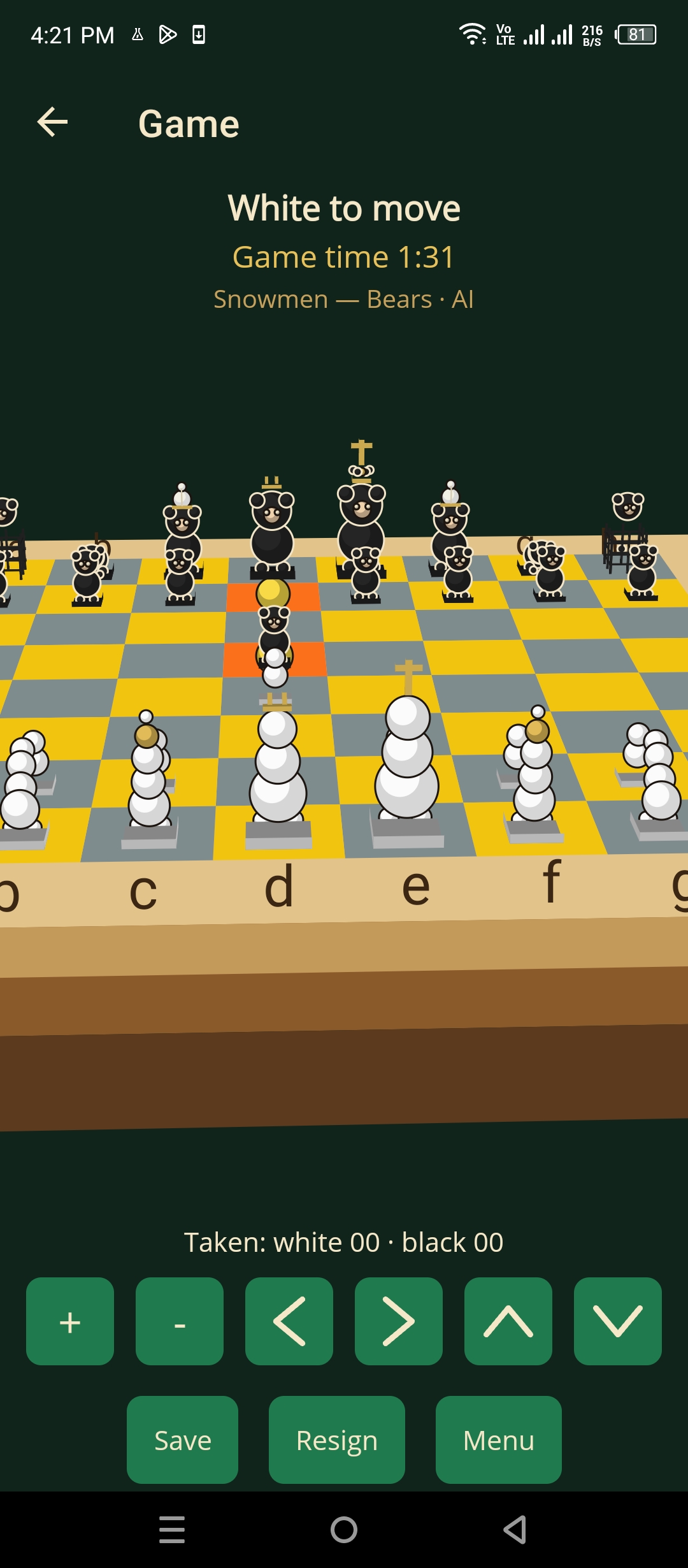 Close 3D view of snowmen facing bears, with a selected square