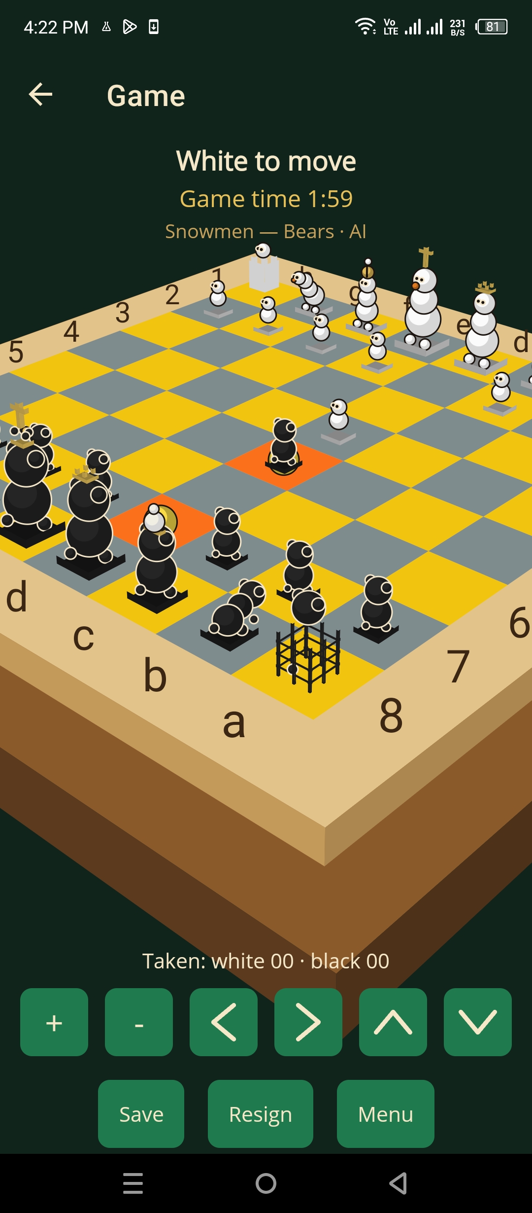 3D board rotated toward a corner, ranks and files along the edges