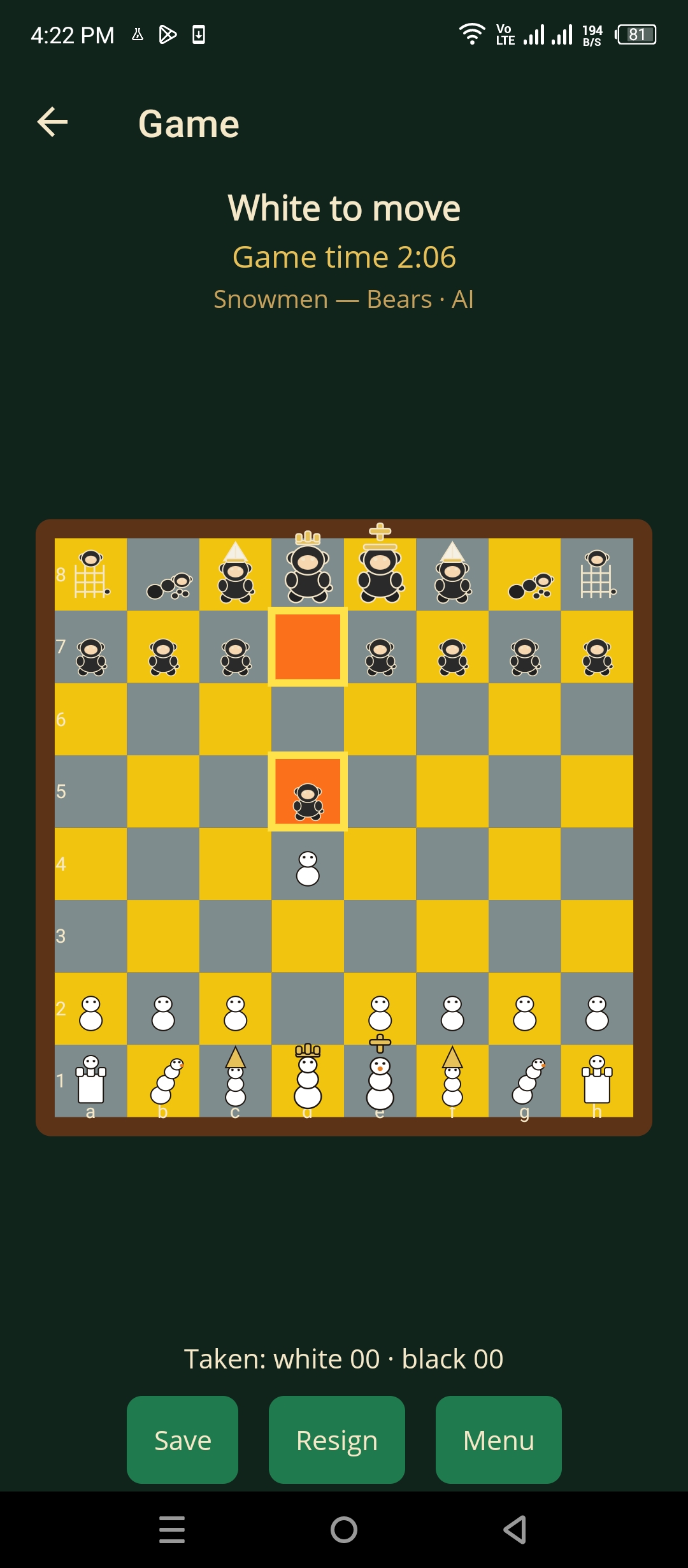 Flat board with snowmen as white and bears as black