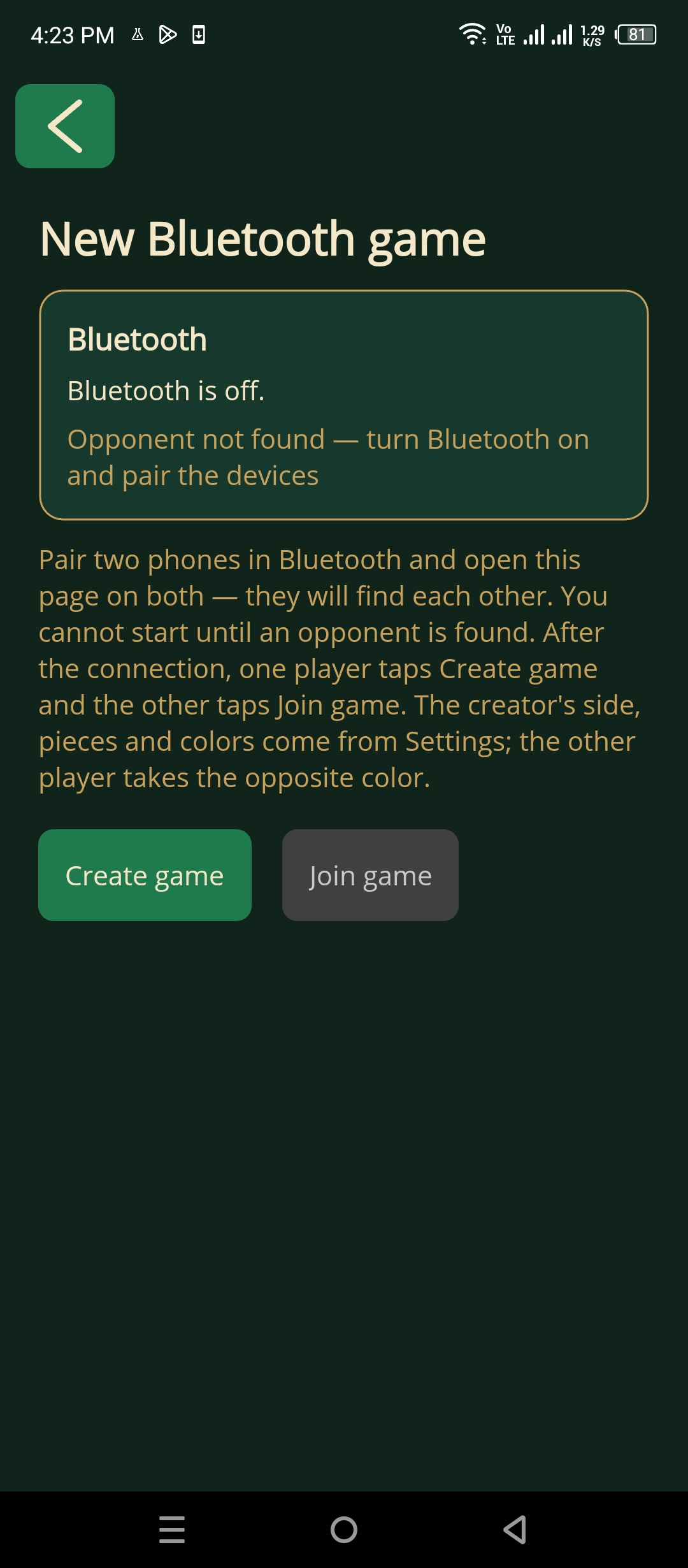 New Bluetooth game screen with Create game and Join game