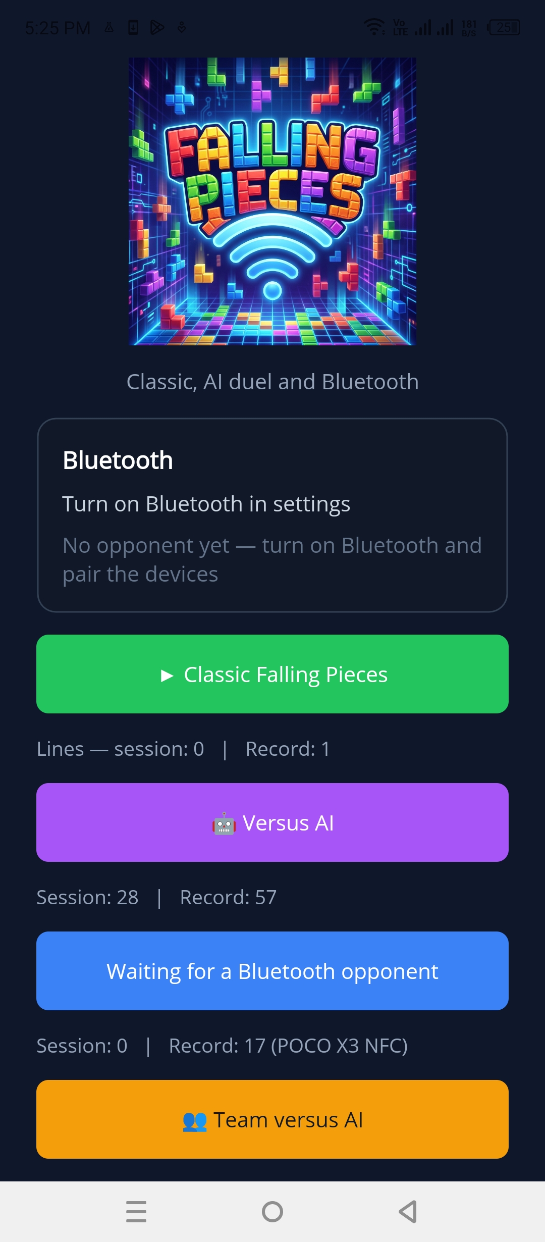 Home screen with Classic, Versus AI, Bluetooth, and Team versus AI
