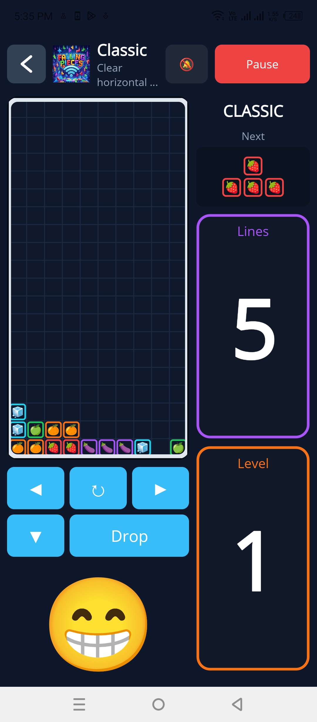 Classic mode after lines are cleared, with a smiling reaction