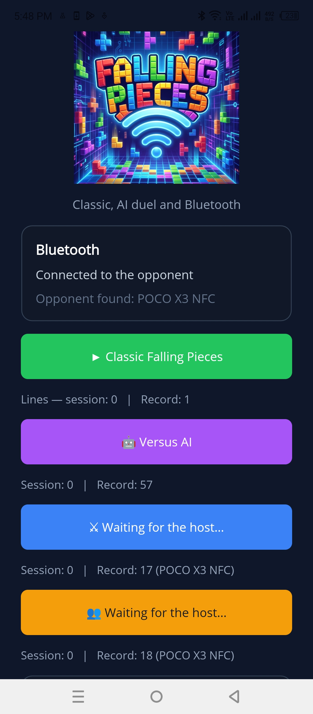 Home screen with a Bluetooth opponent connected