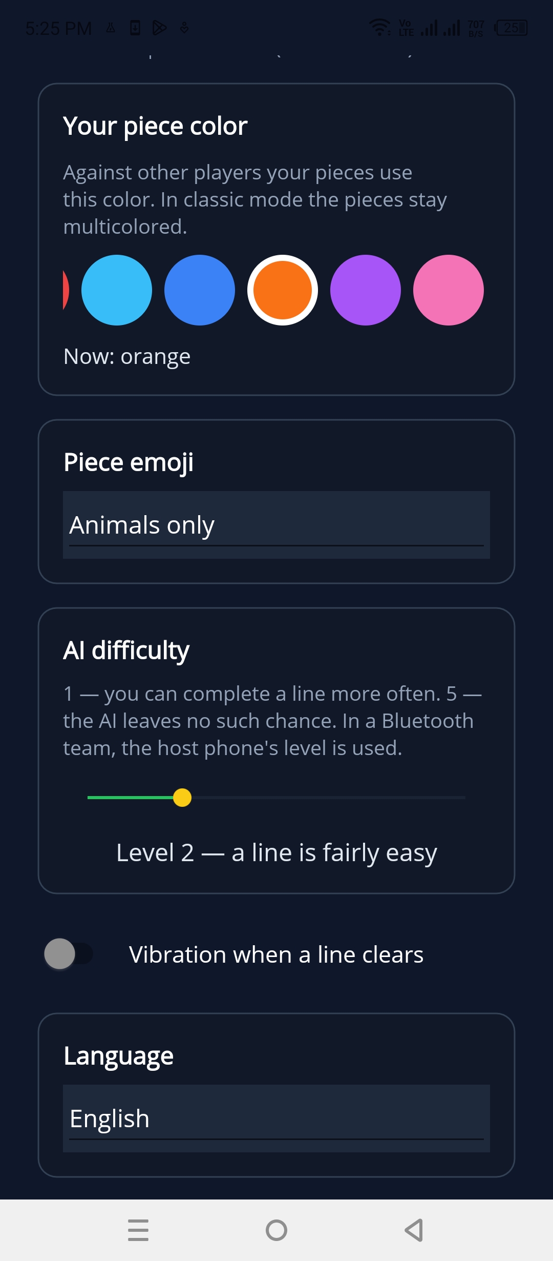 Settings for piece color, emoji set, AI difficulty, vibration, and language