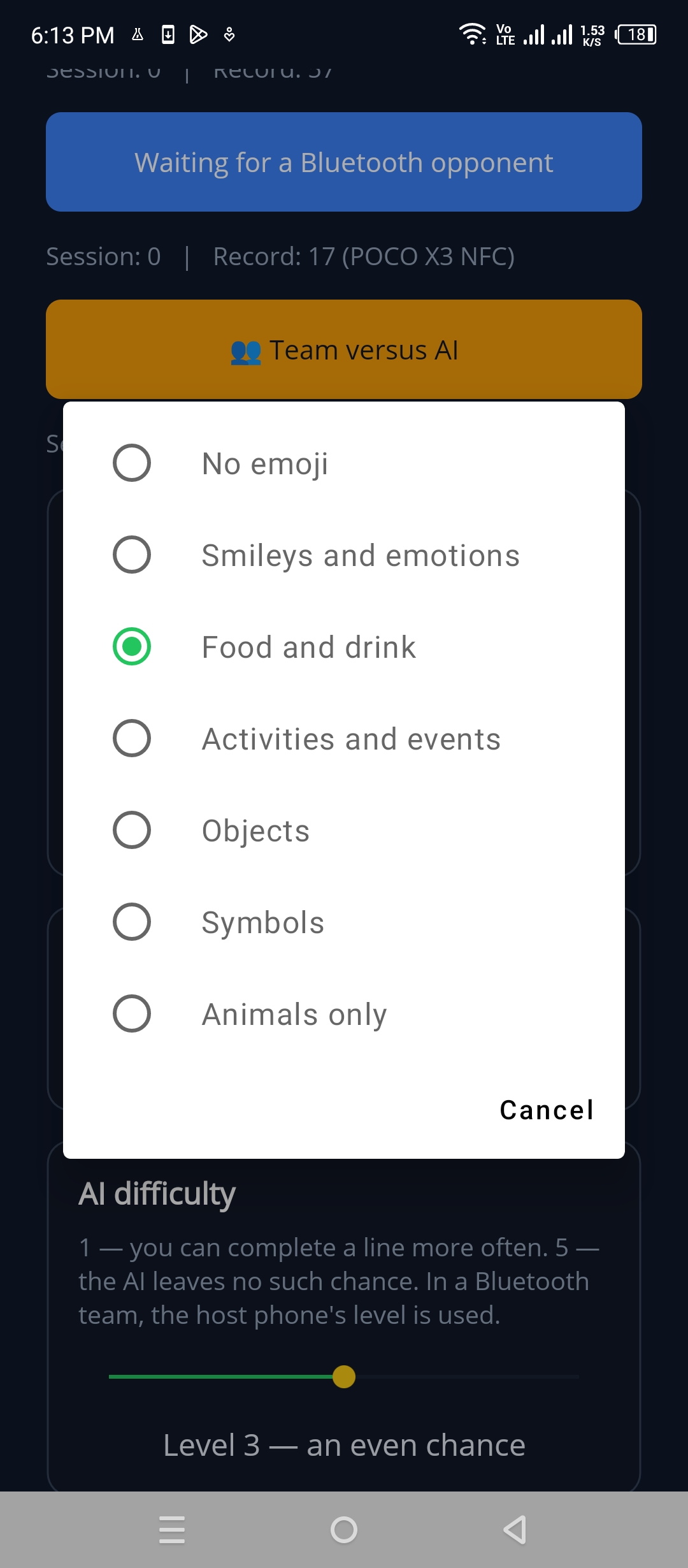 Emoji set list: none, smileys, food, activities, objects, symbols, and animals