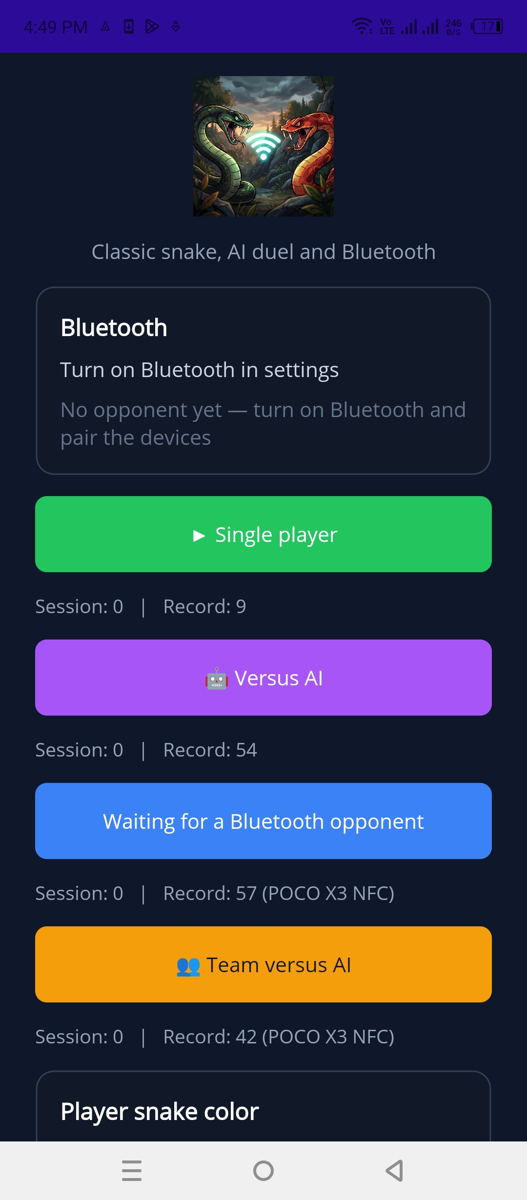 Home screen with Single player, Versus AI, Bluetooth duel, and Team versus AI