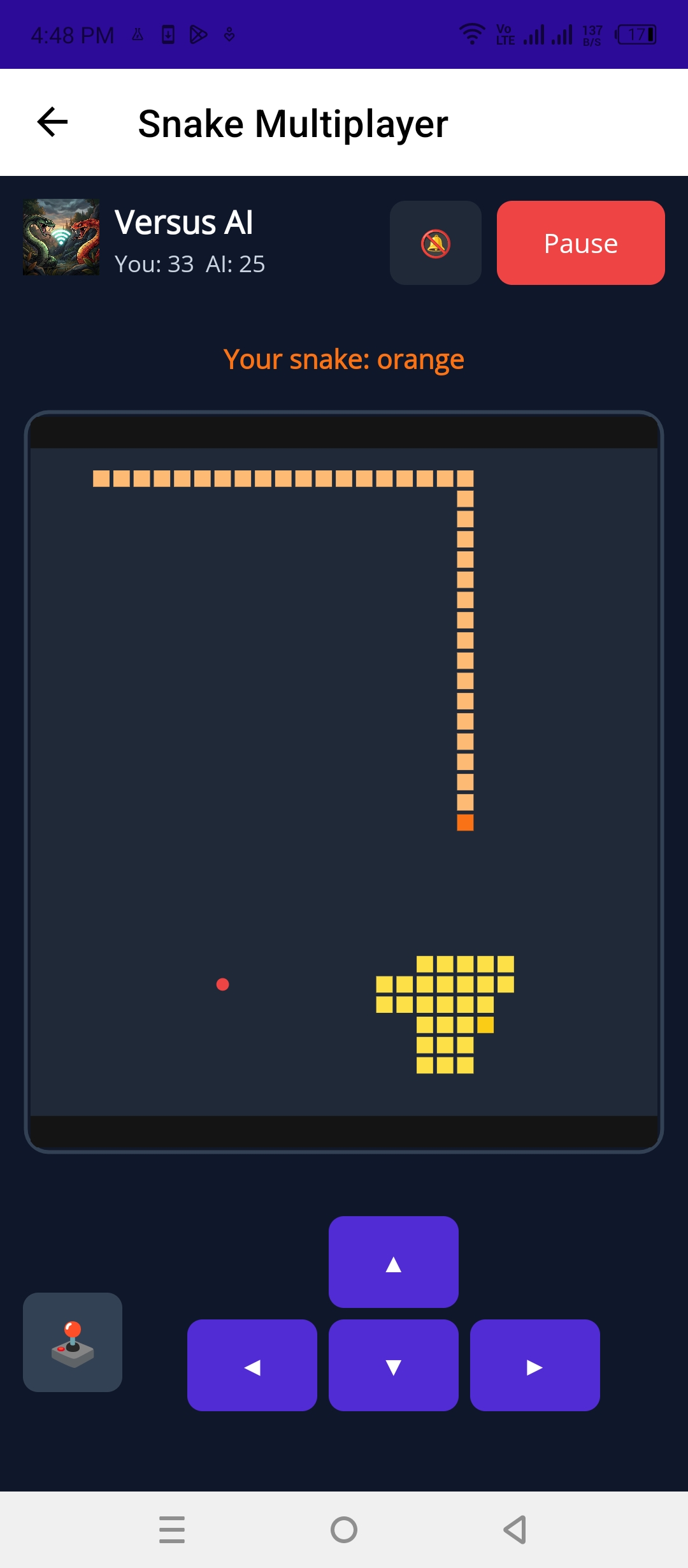 Versus AI with a long orange snake, score You 33, AI 25