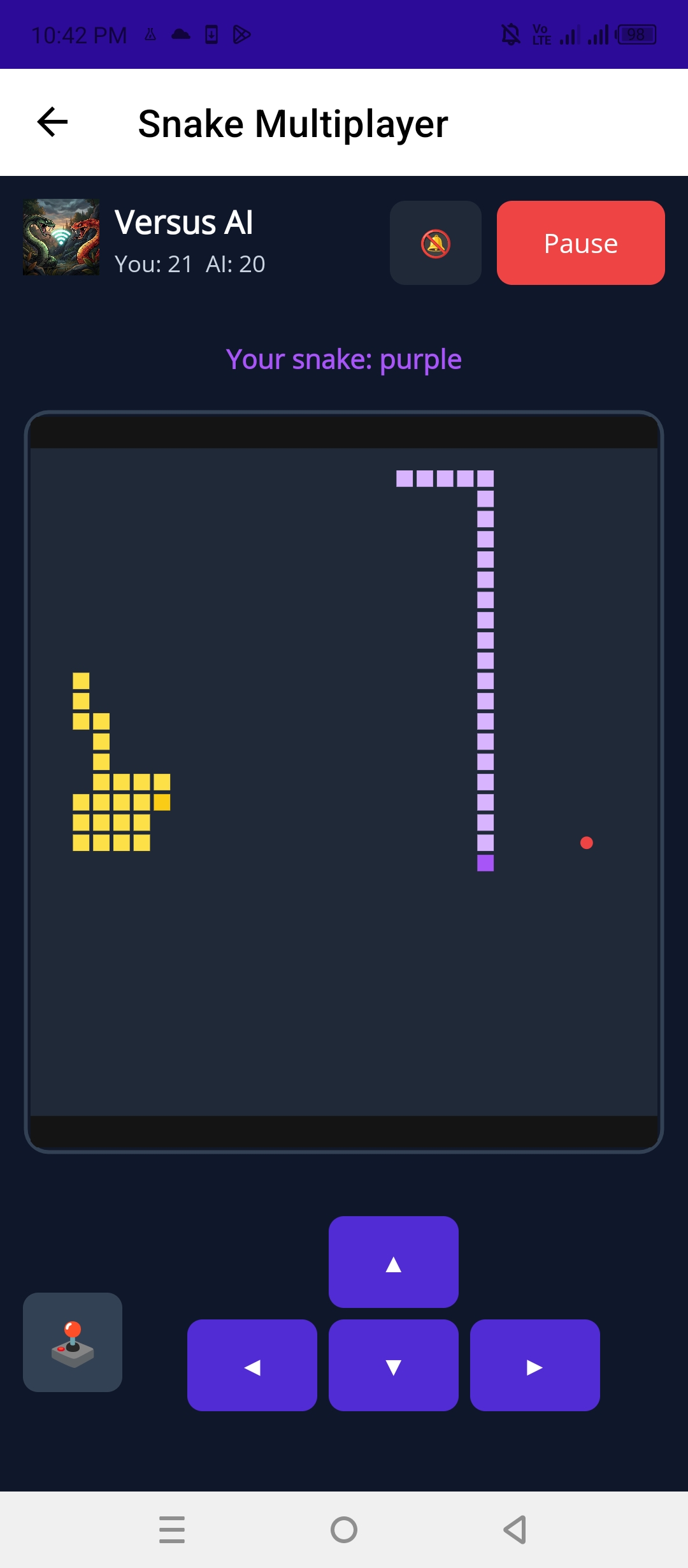Versus AI, purple snake against a yellow snake, score 21 to 20