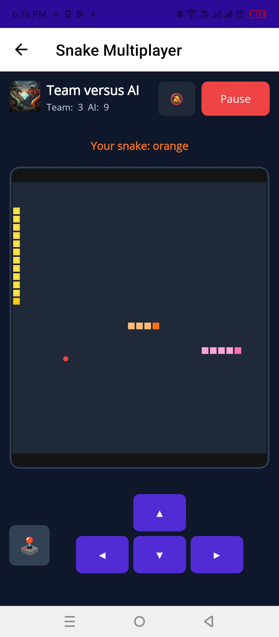 Team versus AI with three snakes and a team score of 3 to 9