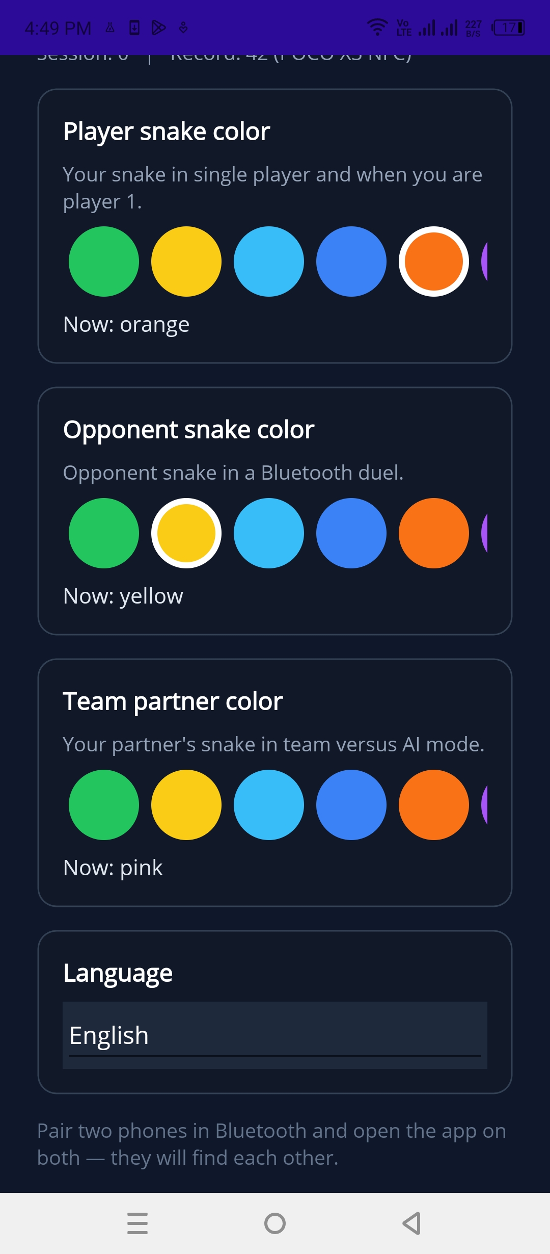 Color pickers for the player, the Bluetooth opponent, and the team partner